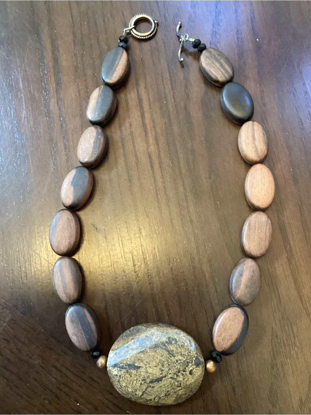 Handcrafted Brown Wood & Stone Statement Necklace
